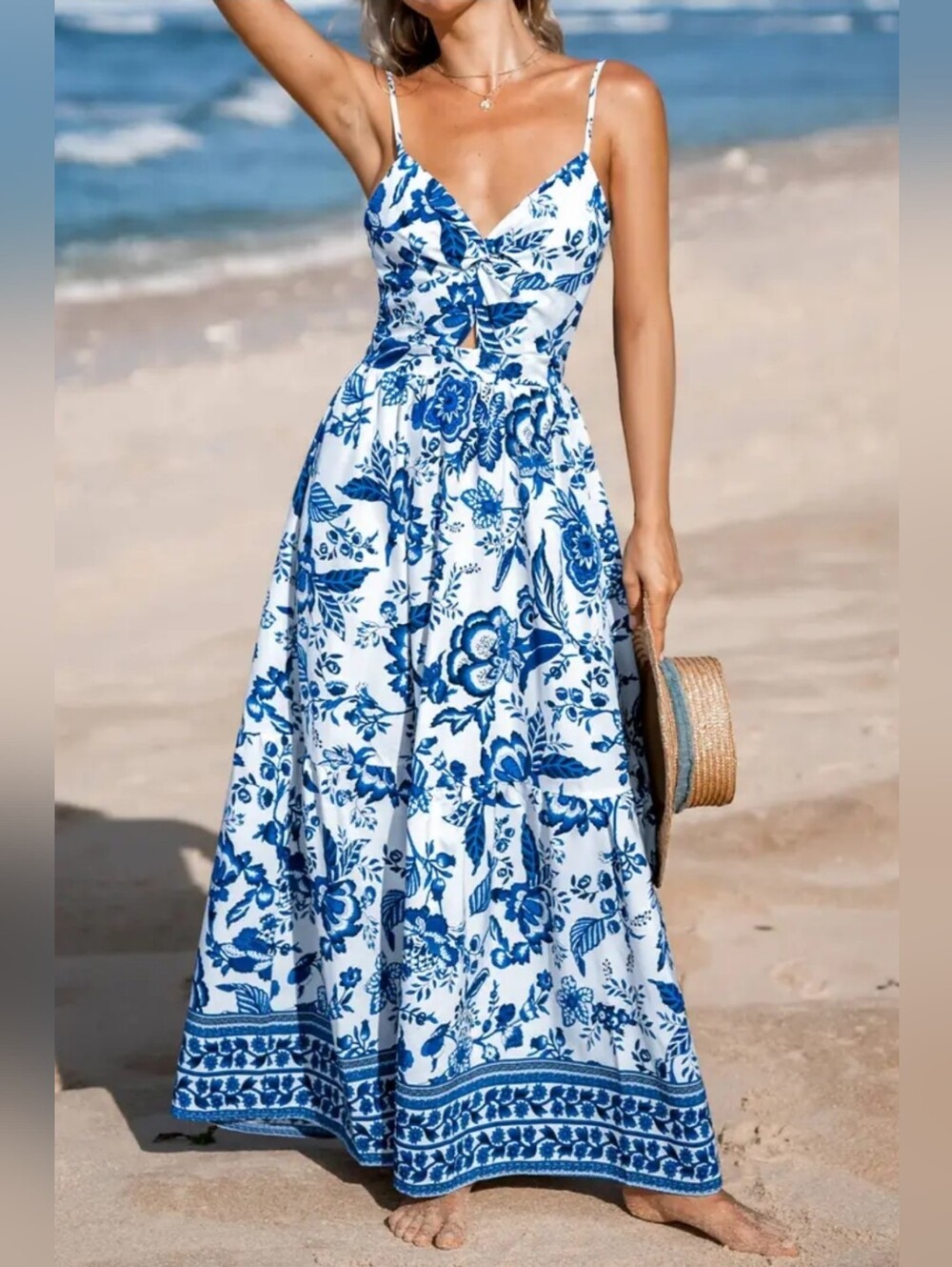Blue Floral Maxi Dress with Spaghetti Straps